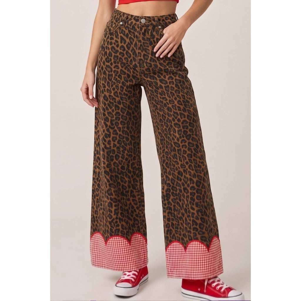 Cuff Wide Leg Leopard Denim Pants