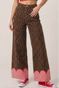 Cuff Wide Leg Leopard Denim Pants