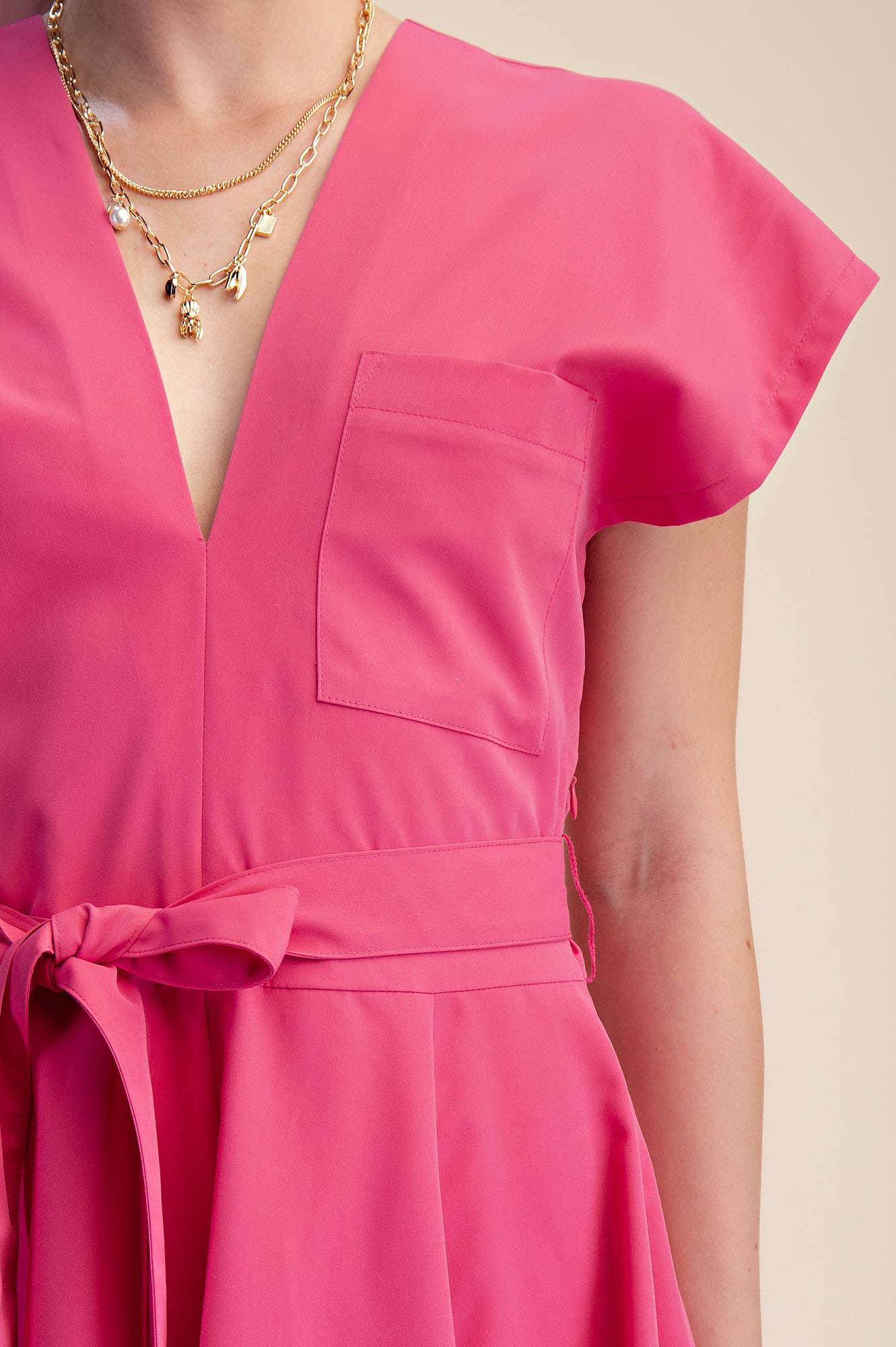 V-Neck Drop Shoulder Midi Dress- Pink