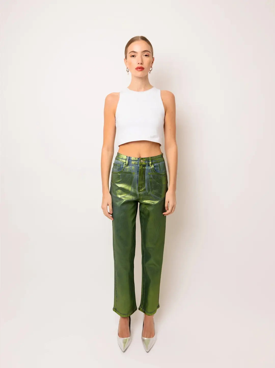 Denim Foil Coated Pants- Green