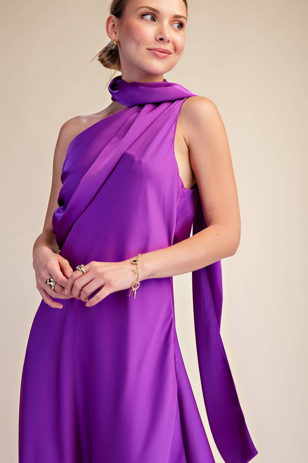 Mock Neck One Shoulder Sleeveless Satin Maxi Dress