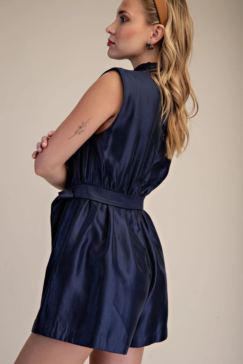 Cowl Neck Sleeveless Romper- Navy