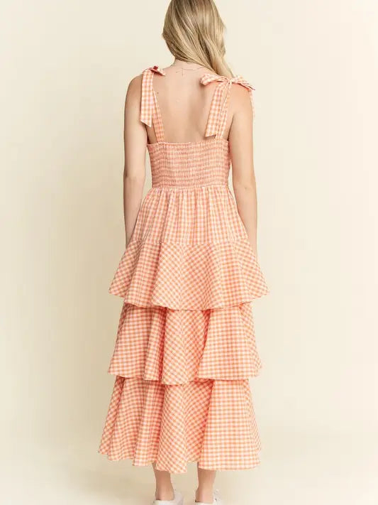 Gingham Tiered Midi Dress- Orange
