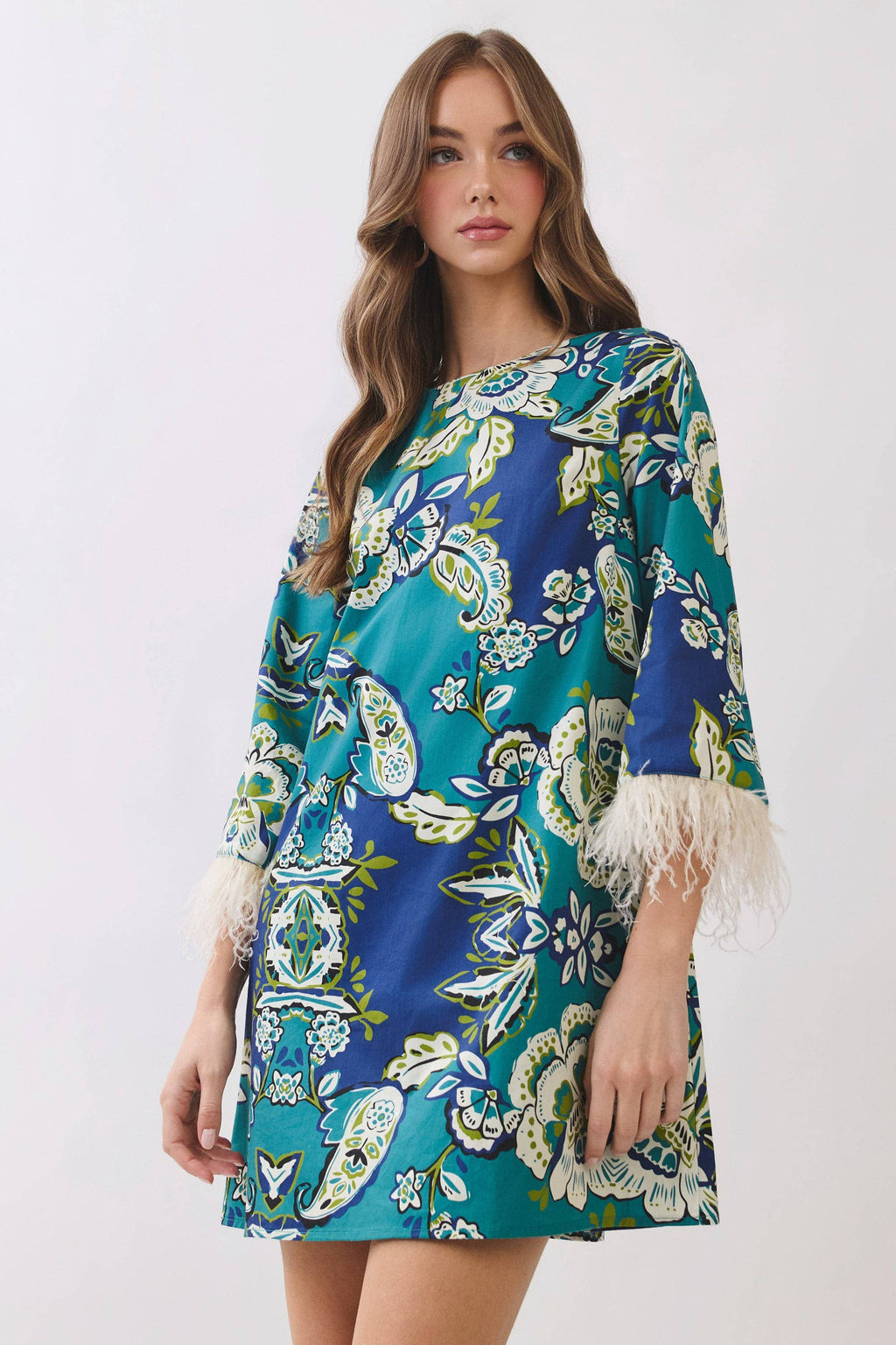Floral Print Feather Trim Detail Mini Dress- Blue