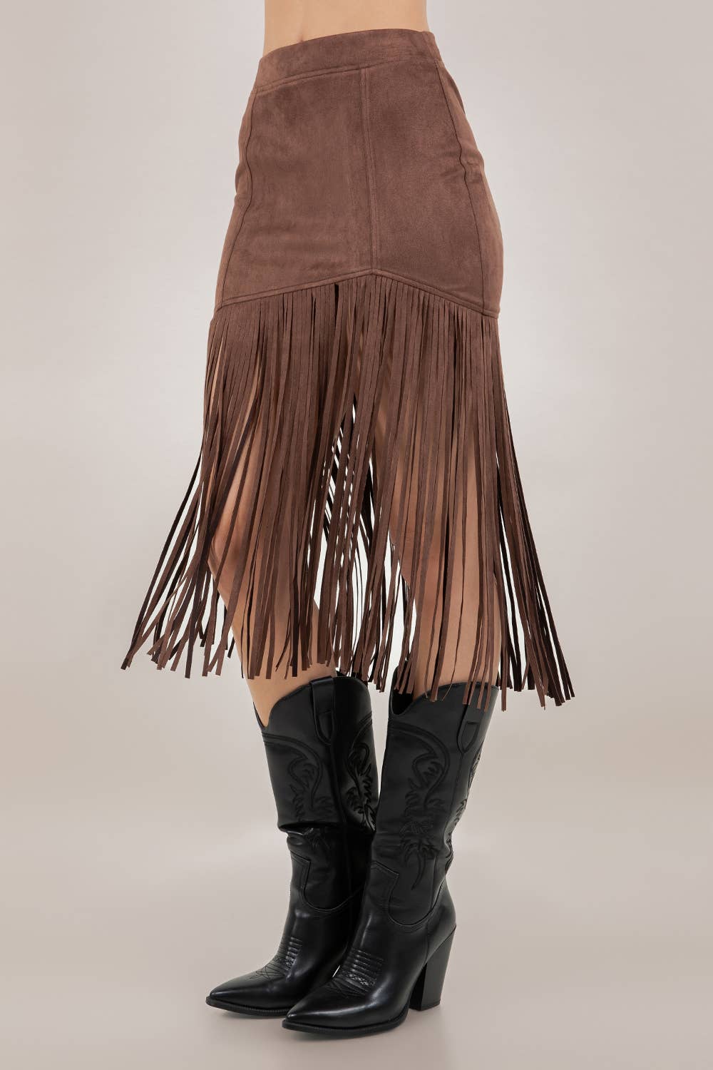 Fringed Faux Suede Skirt- Brown