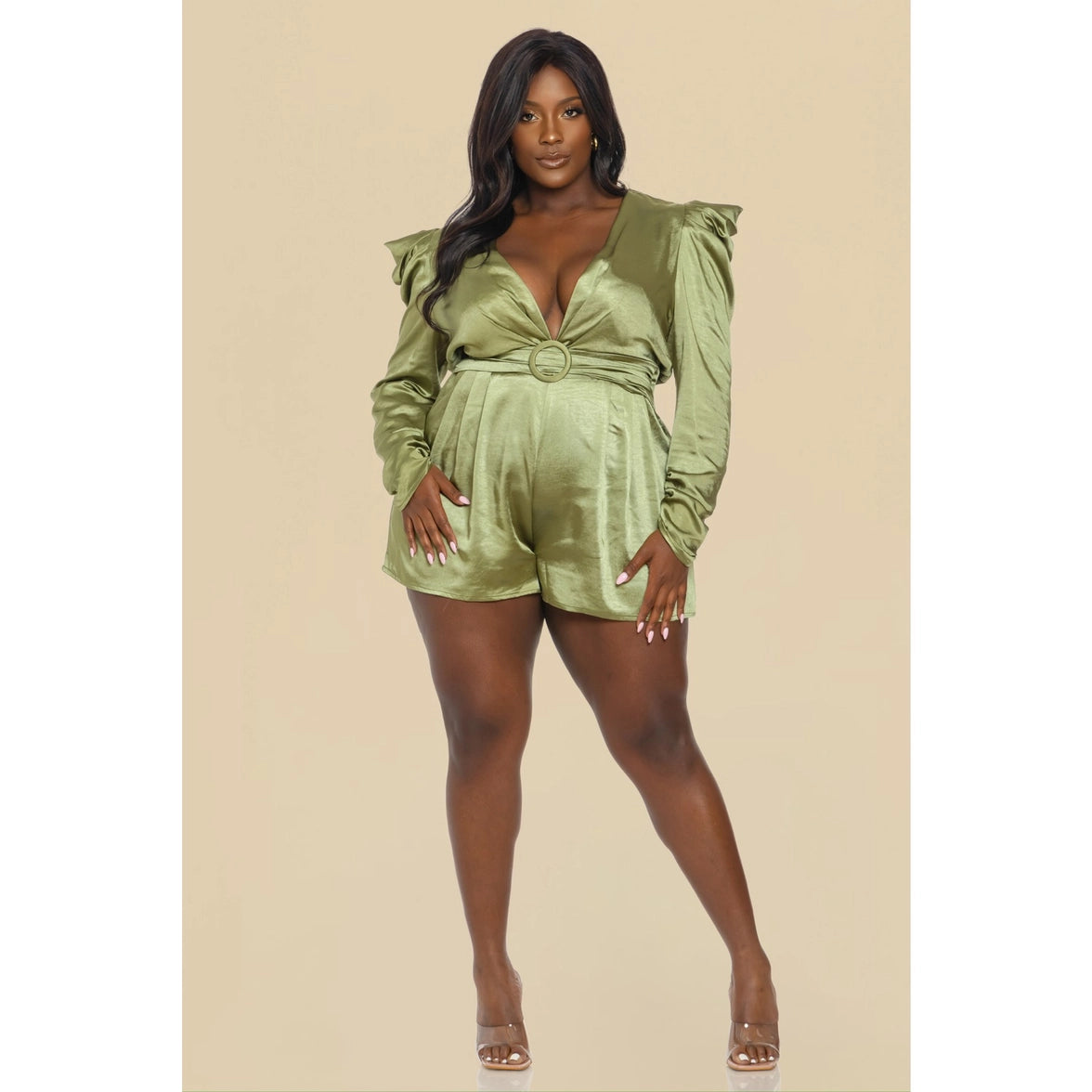 Plus Size Long Sleeve Romper- Olive