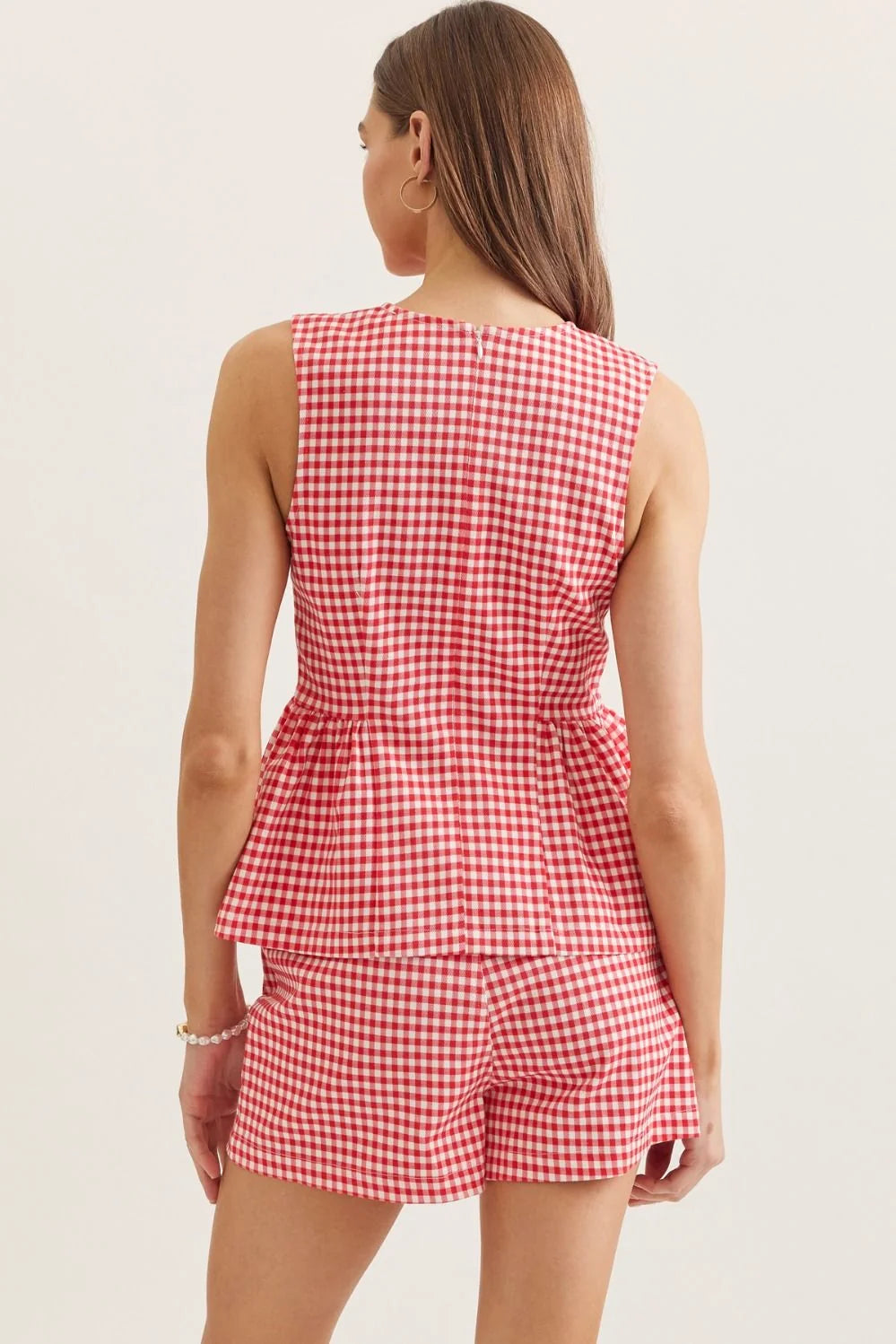 Gingham Peplum Top- Red