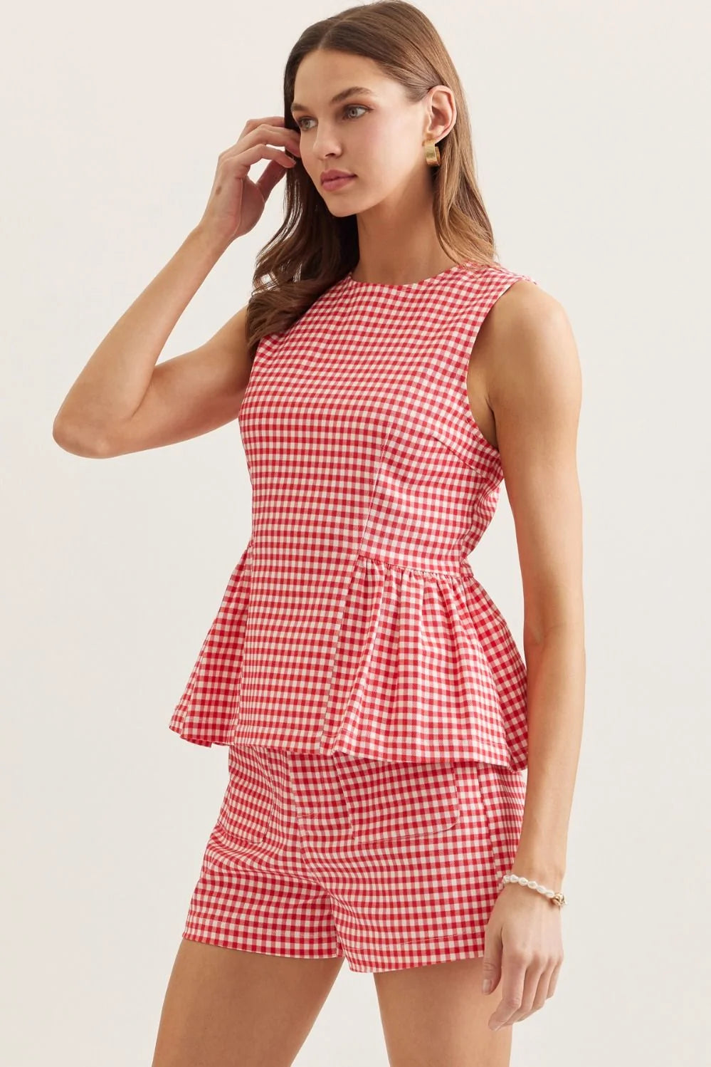 Gingham Peplum Top- Red
