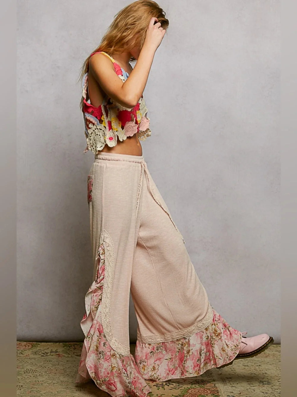 Floral Ruffle Ribbed Knit Pants