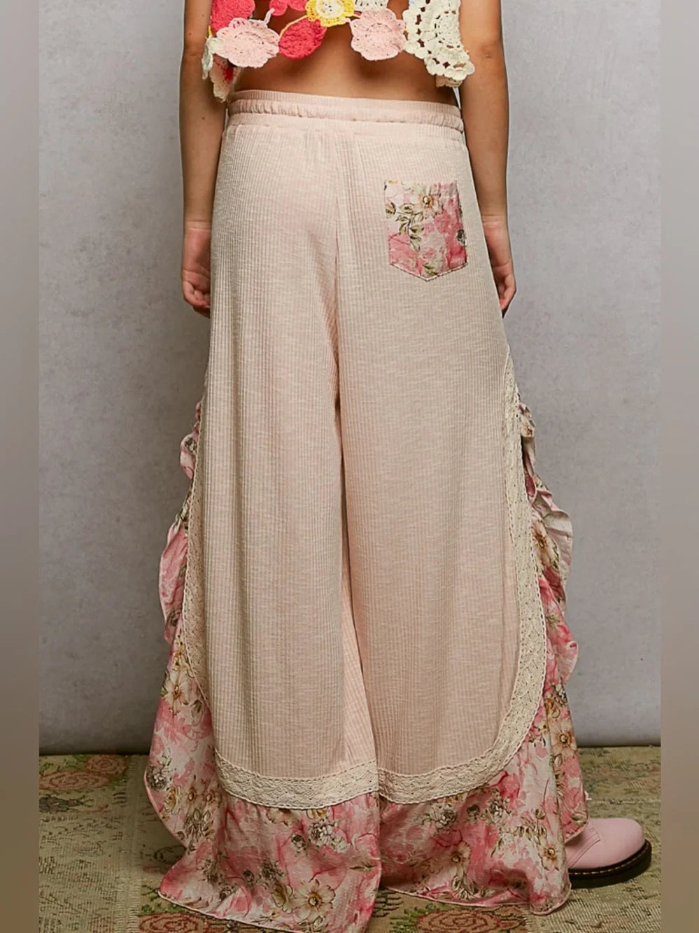 Floral Ruffle Ribbed Knit Pants