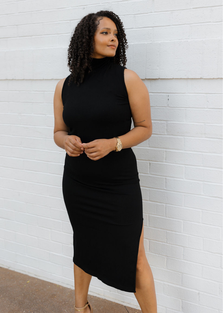 Ribbed Sleeveless Turtleneck Midi Dress