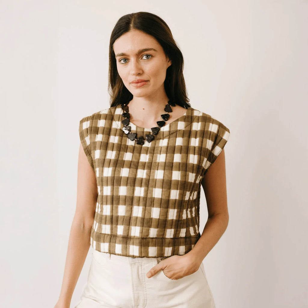 Painted Gingham Quilted Greta Top- Green