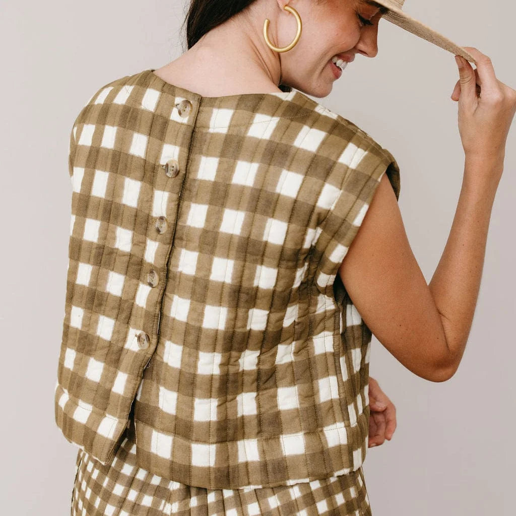 Painted Gingham Quilted Greta Top- Green