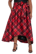 The Roosevelt Voluminous Plaid Tie-Front Skirt- Red/Black