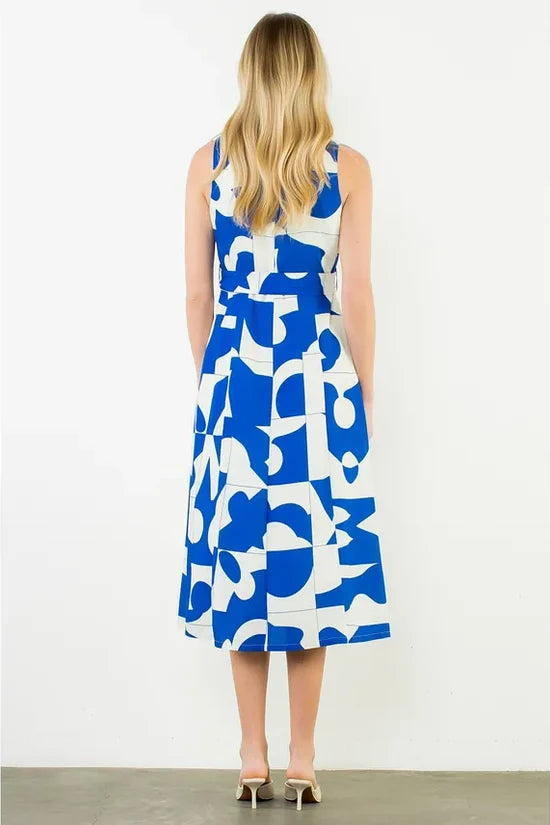 Geometric Dress with Tie Waist- Blue/White