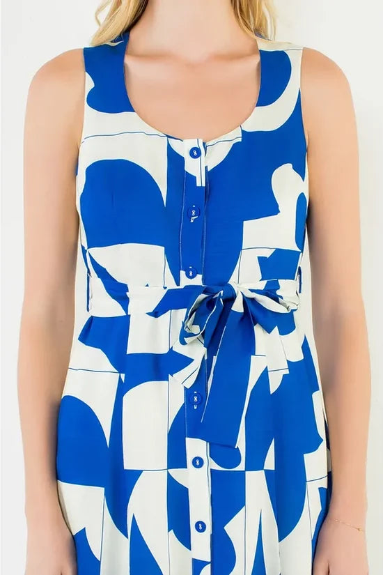 Geometric Dress with Tie Waist- Blue/White