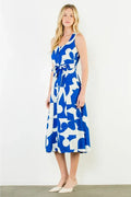 Geometric Dress with Tie Waist- Blue/White