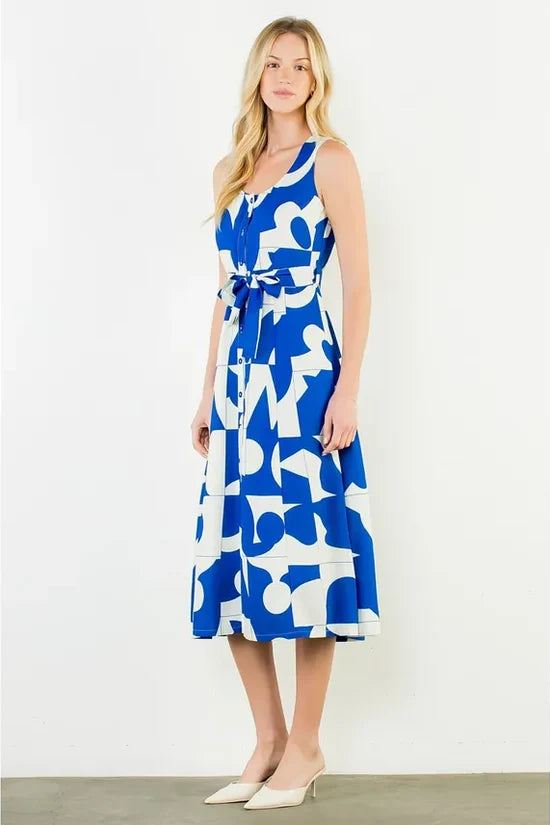 Geometric Dress with Tie Waist- Blue/White