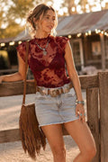 Floral Mesh Mock Neck Top- Burgundy